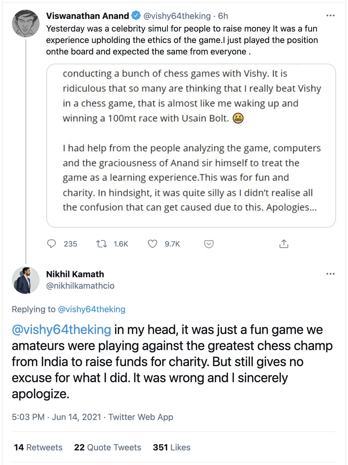 Viswanathan Anand had asked Nikhil Kamath to not name him in apology